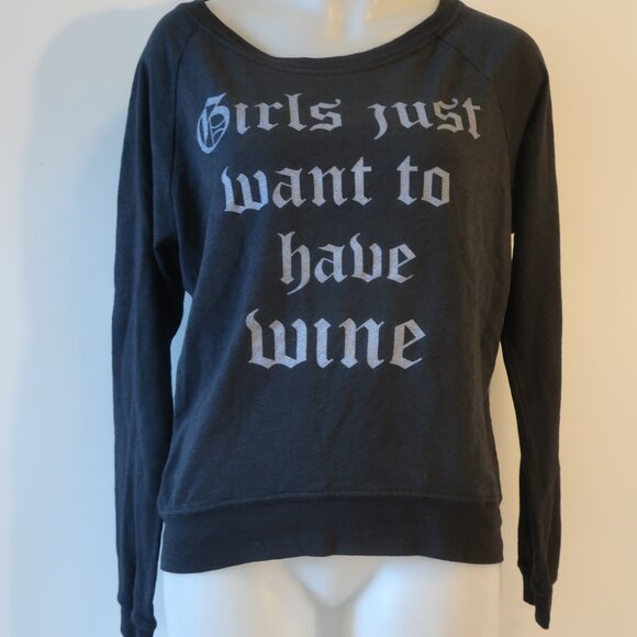 NWOT Brokedown Off-Black Girls Just Want To Have Wine Graphic Sweatshirt Top S - Picture 1 of 8